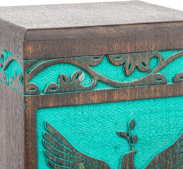 INTAJ Handmade Rosewood Urn for Human Ashes, Peaceful Bird Wooden Urns for Ashes Hand-Crafted, Funeral Cremation Urn, Pet Dog Urns for Ashes (Teal Gree, XS - 5Hx3W (20 Cu/in))