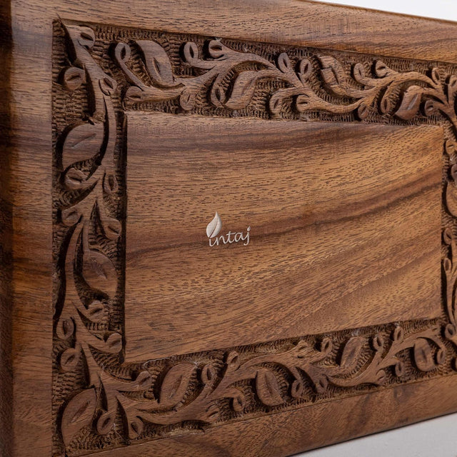 INTAJ Borders Wooden Urns for Human Ashes Adult Funeral Urn, Wooden Cremation Urns for Ashes Engraving, Wooden Box (L (11x7.5x6) 340 Cu/in, Custom Border Carved)