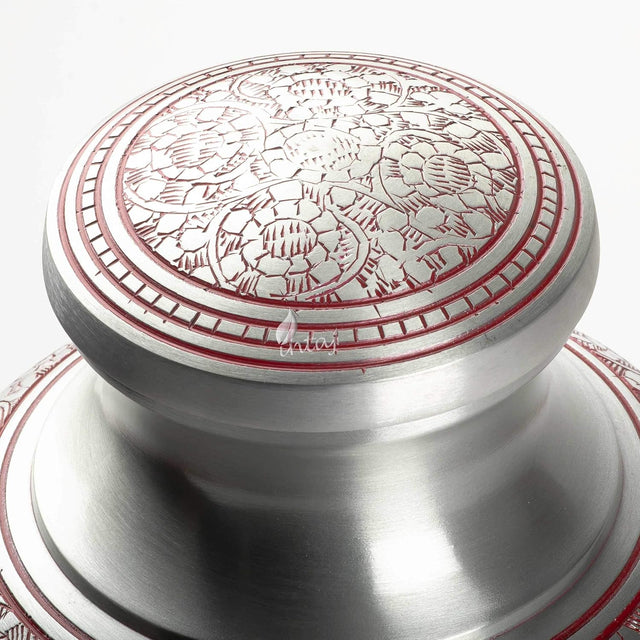 Handcrafted Cremation Urn – Arcadia Red Design in Royal Silver – Suitable for Adult Men & Women, Mom & Dad