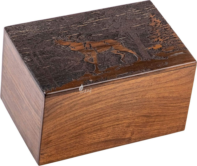 Handmade Wooden Cremation Urn – Deer Engraved – Suitable for Human Ashes – XL (11x7.5x6, 340 Cu/in)