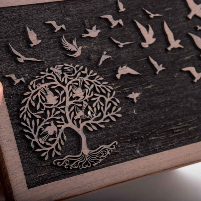 INTAJ Cremation Urn for Human Ashes Adult Male Female - Tree of Life Wooden Box Urn for Ashes - Handmade Decorative Funeral Urn (Customised Tree Birds, XL (11x7.5x6) 340 Cu/in)