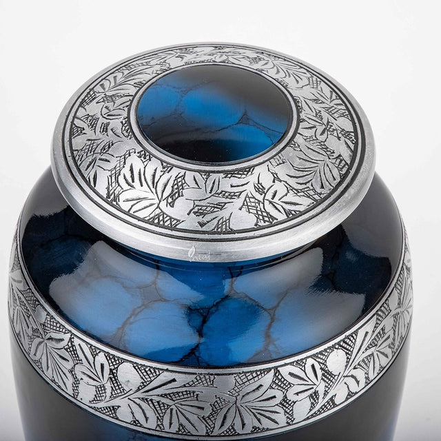 Handcrafted Silver Cremation Urn – Classic Royal Wings Blue Design – Suitable for Adult Men & Women, Mom & Dad