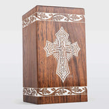 INTAJ Wooden Urn for Human Ashes, Adult Rosewood Grace and Mercy Cross Funeral Cremation Urn for Ashes - Burial Urn Box (Antique Latin Cross, Medium - 9.5Hx5.5W (180 Cu/in))