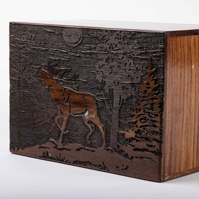 Handmade Wooden Cremation Urn – Deer Engraved – Suitable for Human Ashes – XL (11x7.5x6, 340 Cu/in)