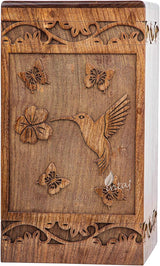 INTAJ Wooden Cremation Urn for Human Ashes, Adult Rosewood Urn for Ashes, Humming Bird Funeral Cremation Urn Hand-Crafted (White Butterfly Birds, Small - 8Hx4.75W (115 Cu/in)