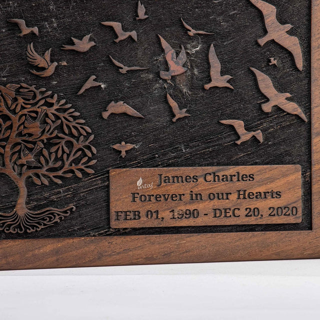 INTAJ Cremation Urn for Human Ashes Adult Male Female - Tree of Life Wooden Box Urn for Ashes - Handmade Decorative Funeral Urn (Customised Tree Birds, XL (11x7.5x6) 340 Cu/in)
